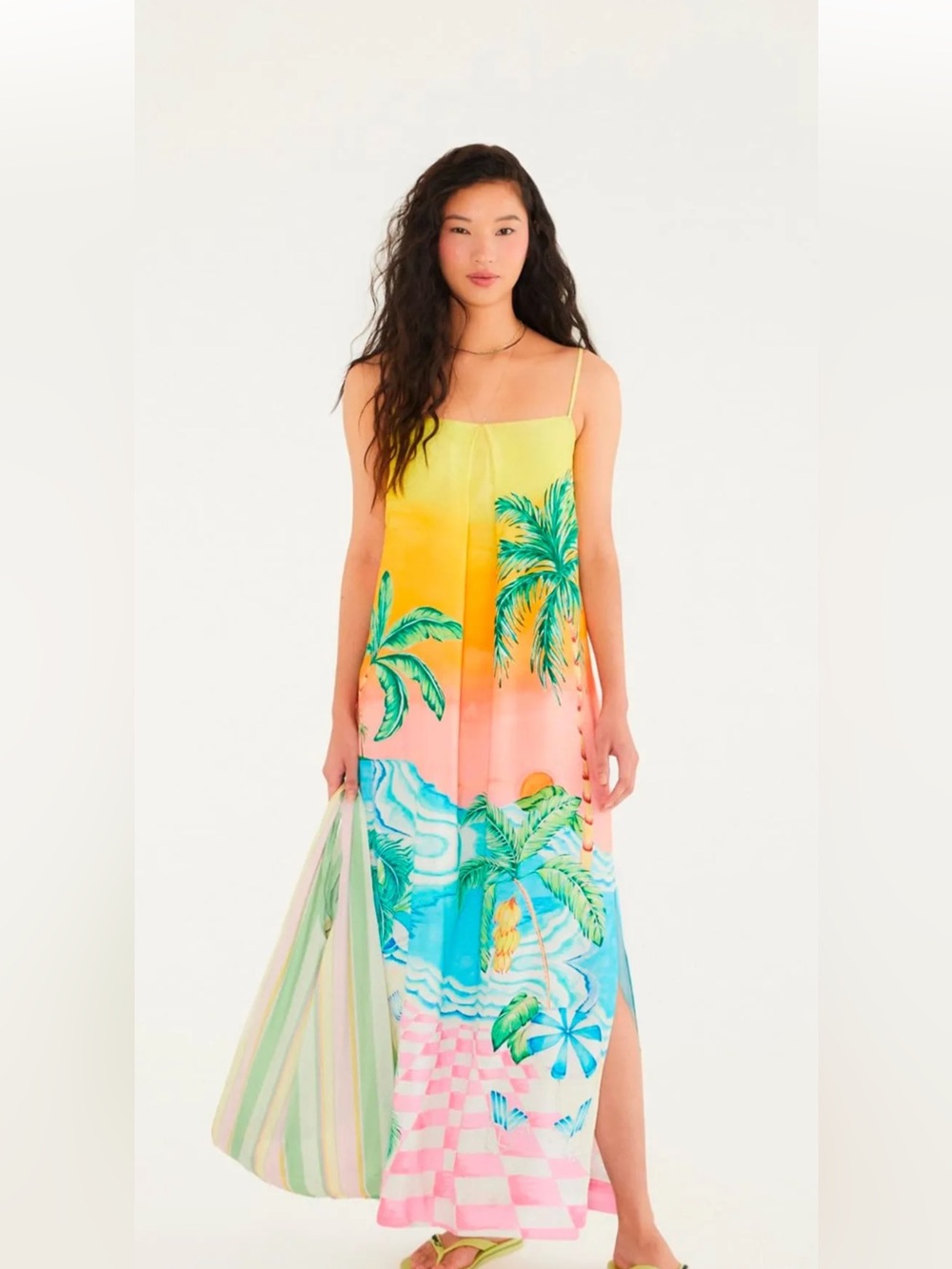 FARM Rio Yellow Pink Blue Ombre Palm Slip Maxi Dress